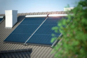 Solar pool heating panels installed on a residential tile roof