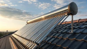 Roof-mounted solar water heating tubes installed on a residential tile roof