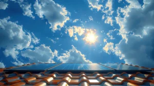Sun shining above solar panels installed on a residential tile roof