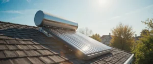 Solar thermal water heater with rooftop collector and storage tank installed on a shingle roof