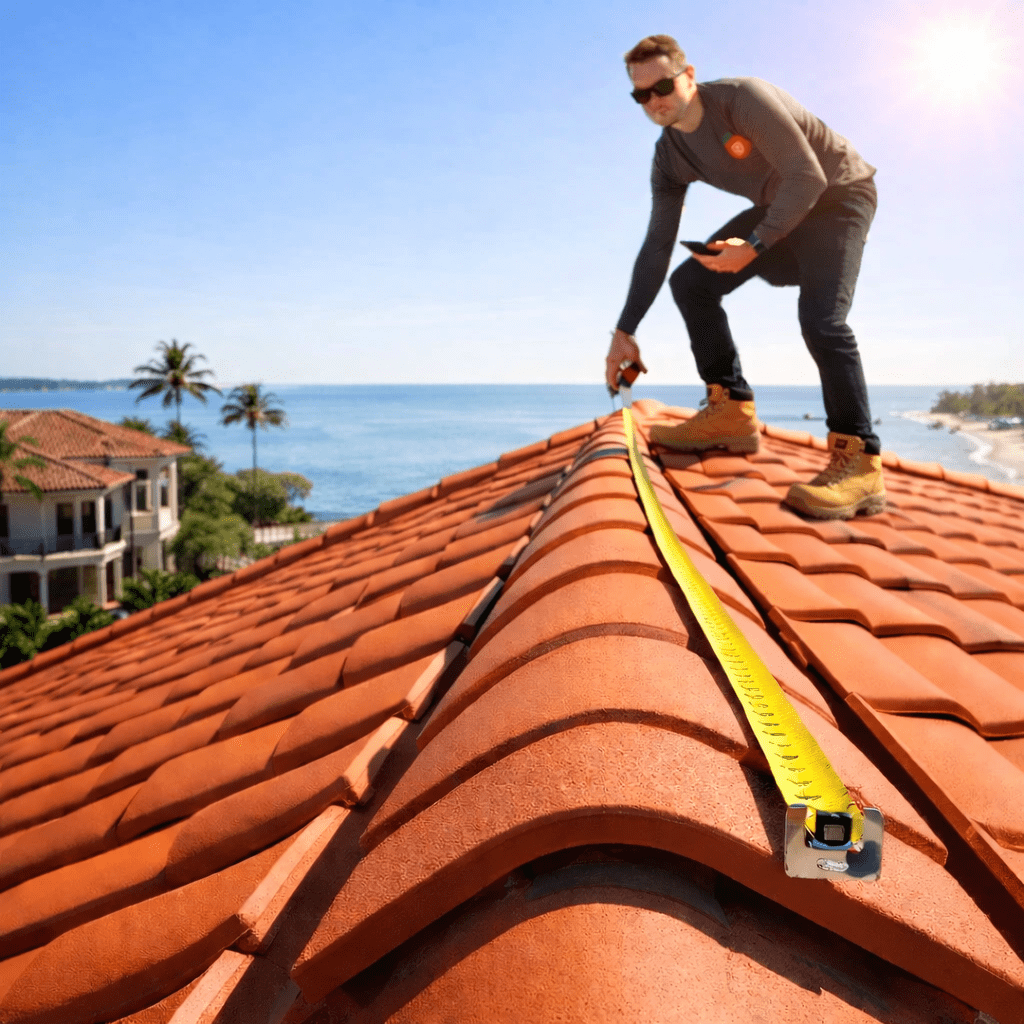 Technician measuring roof for solar installation