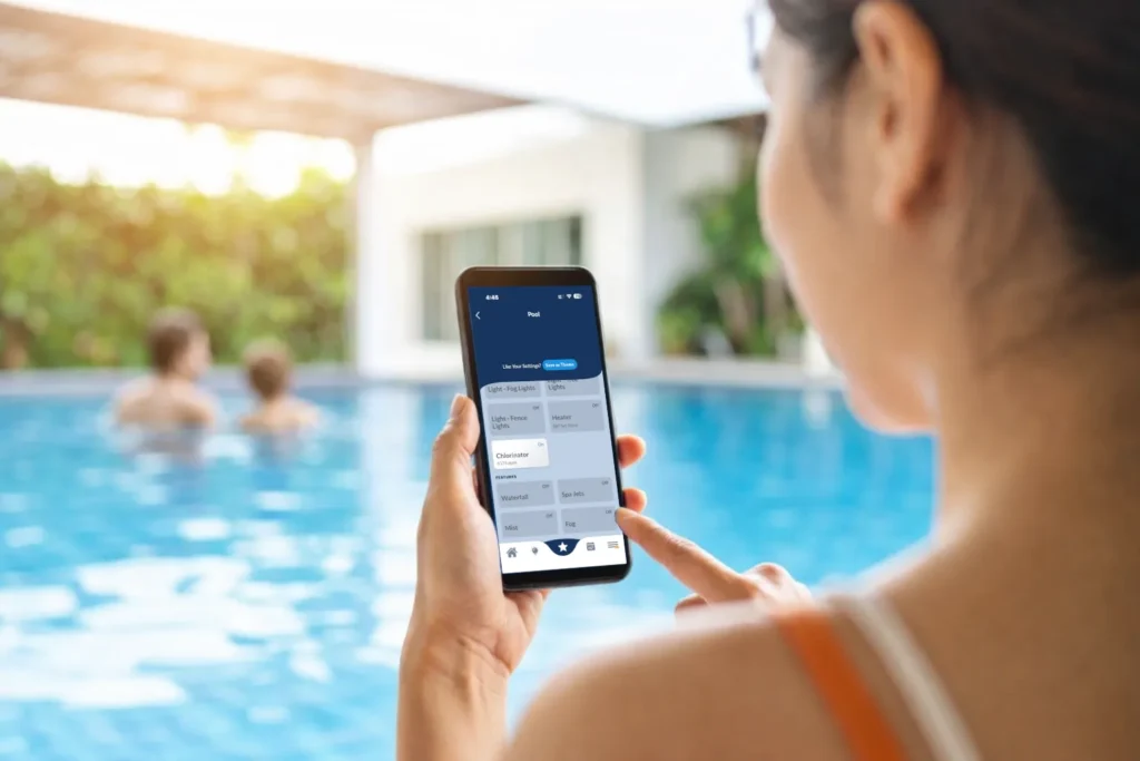 Person using a smartphone to control pool equipment