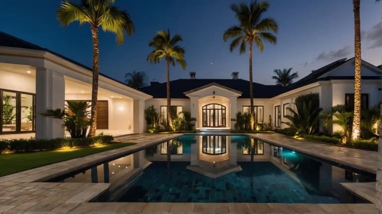 Luxury home with illuminated pool at dusk