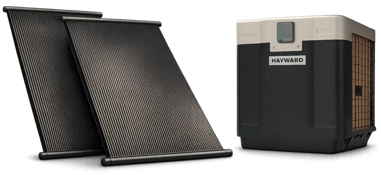 Solar panels and a Hayward inverter heat pump.