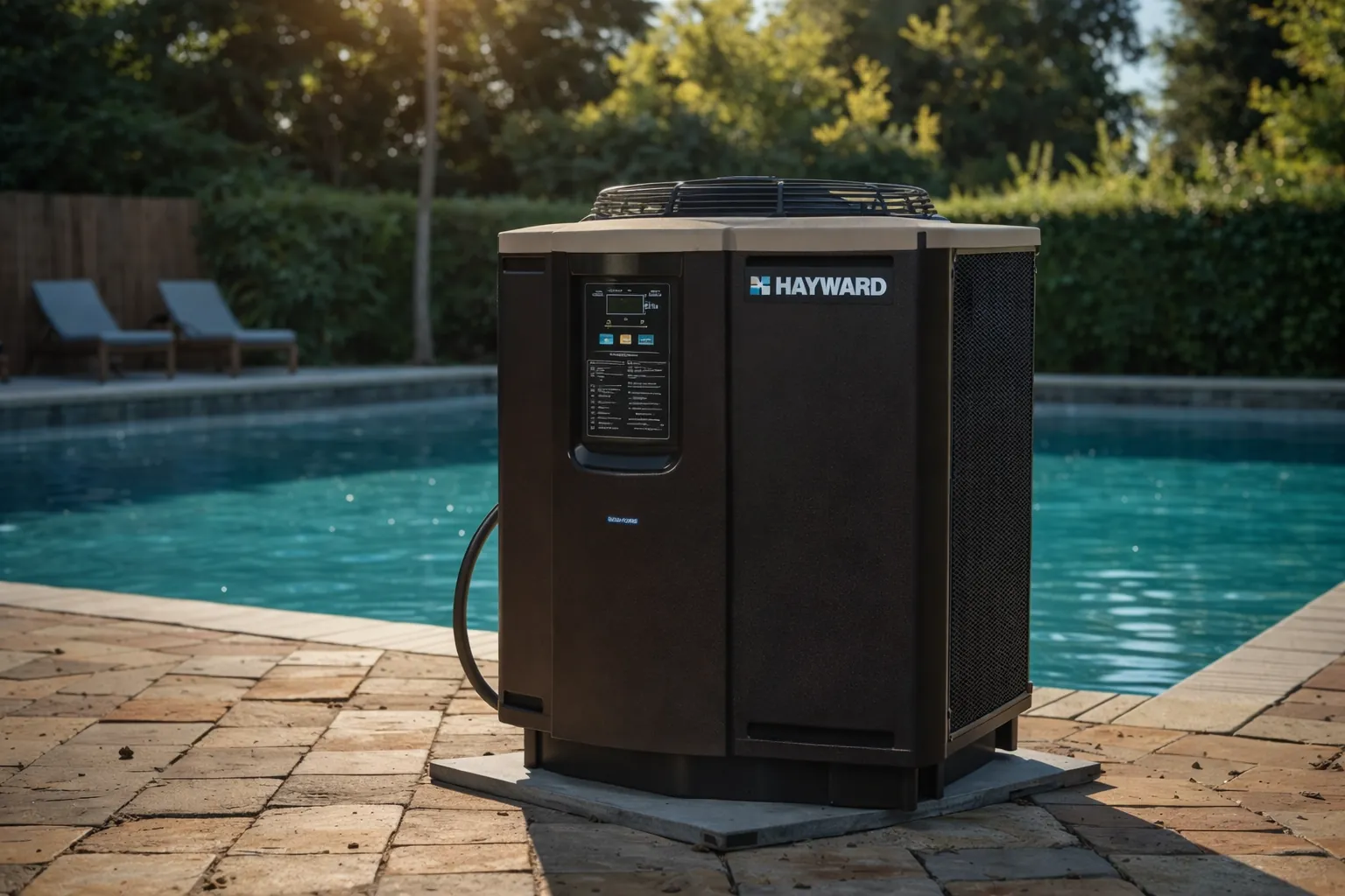 Pool heat pump unit installed beside a swimming pool