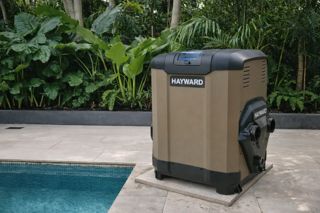 Gas pool heater installed next to a residential swimming pool.