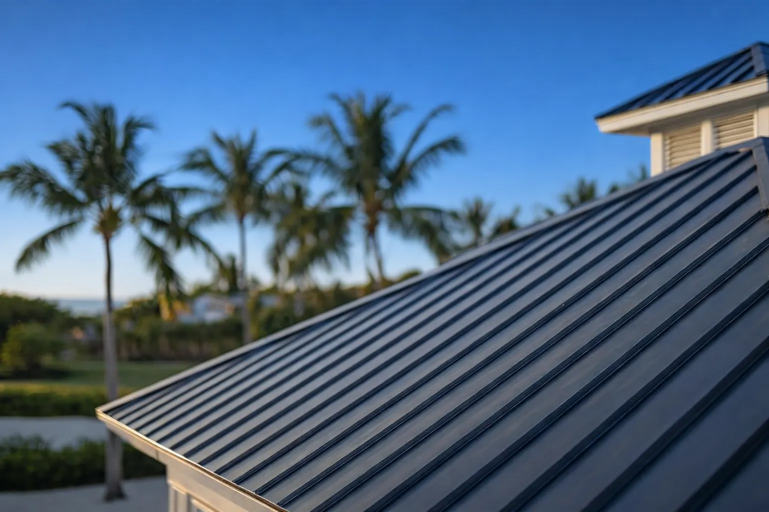 Residential metal roof with palm trees