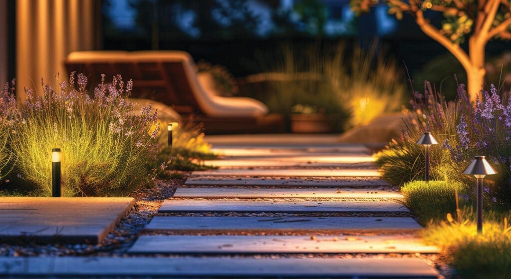 Illuminated garden pathway with low-profile landscape lights.