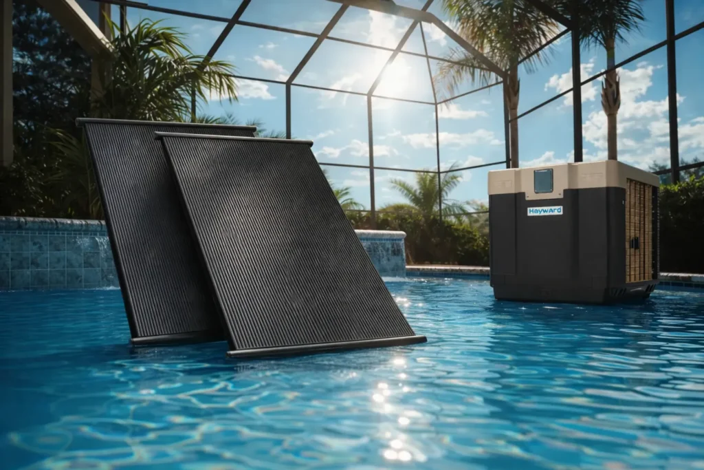 Solar panels installed on a metal roof above a swimming pool