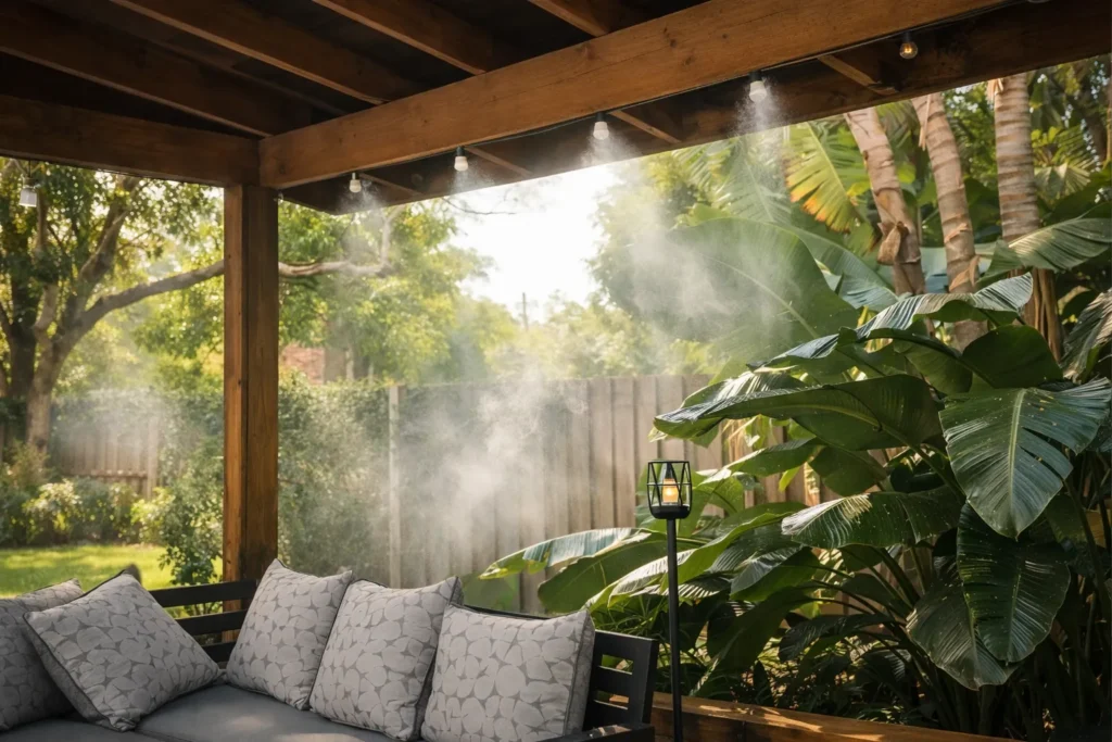 Outdoor patio misting system cooling a covered seating area.