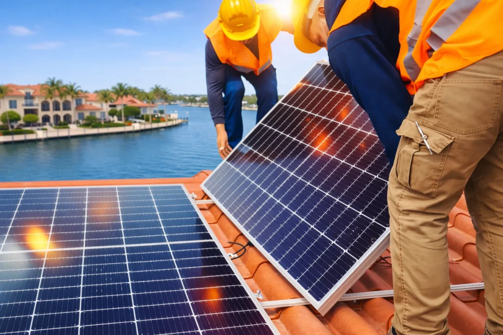 Technicians installing solar panels on a residential roof near the water