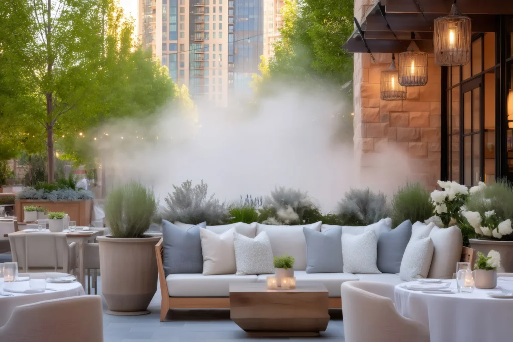 Commercial outdoor misting system on restaurant patio.