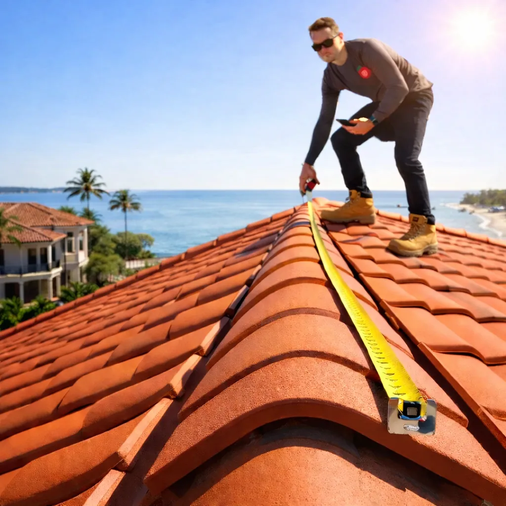 Solar pool heating expert measuring tile roof.